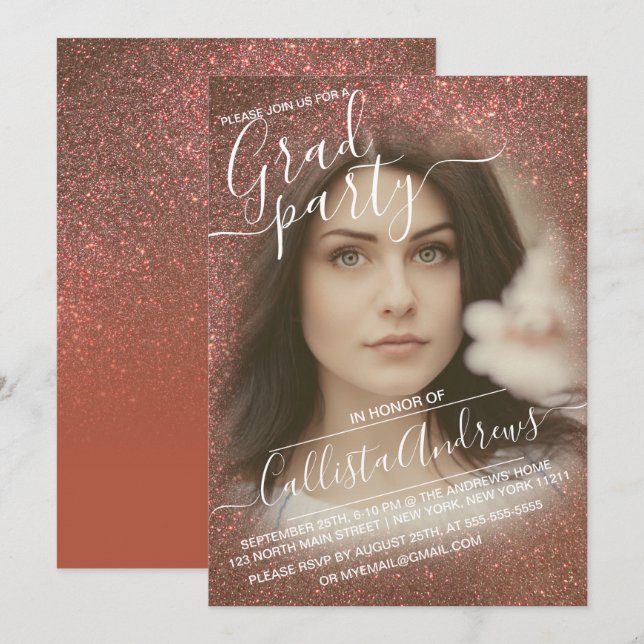 Copper Terracotta Glitter Ombre Photo Graduation Invitation (Front/Back)