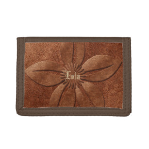 Copper Textured Vintage Floral Add Name Custom Trifold Wallet