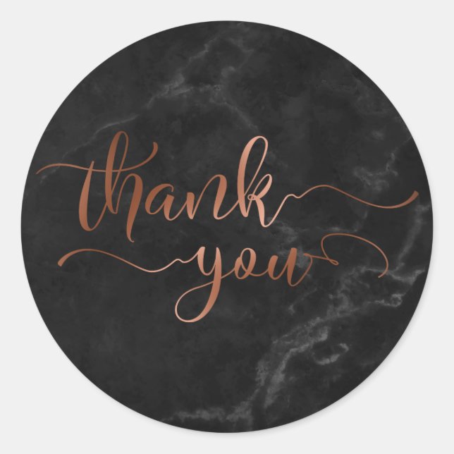 Copper Thank You Script Over Black Marble Classic Round Sticker (Front)