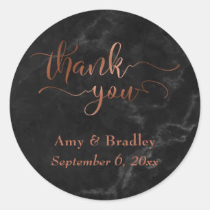 Copper Thank You Script Over Black Marble Classic Round Sticker