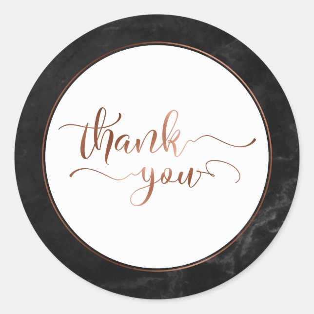 Copper Thank You Script Over Black Marble Classic Round Sticker (Front)