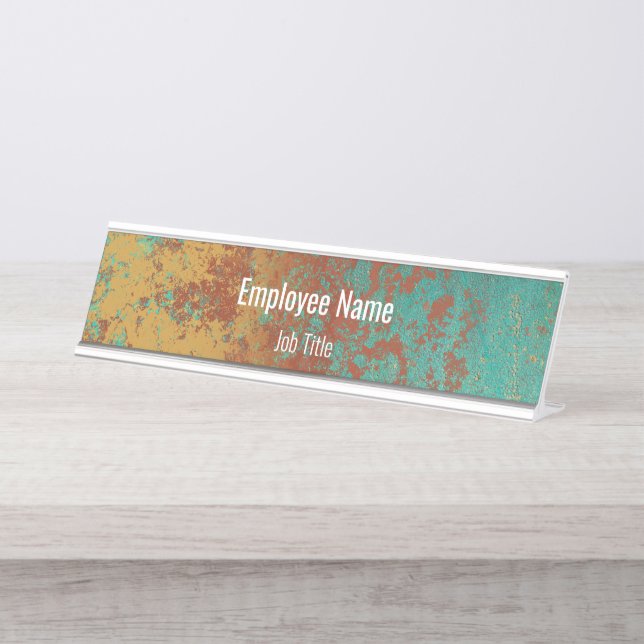Copper Turquoise Blue Orange Brown Texture Desk Name Plate (Front)