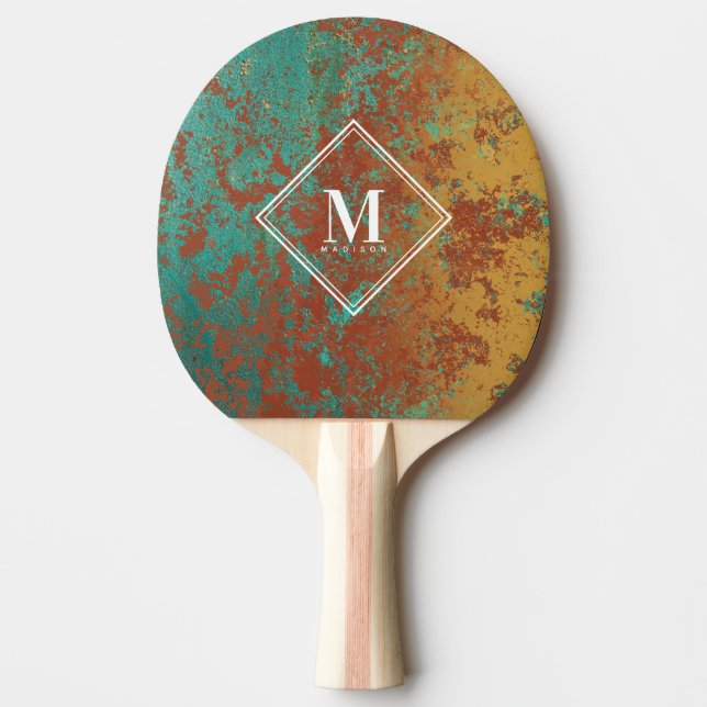 Copper Turquoise Metallic Monogram Table Tennis Ping Pong Paddle (Front)