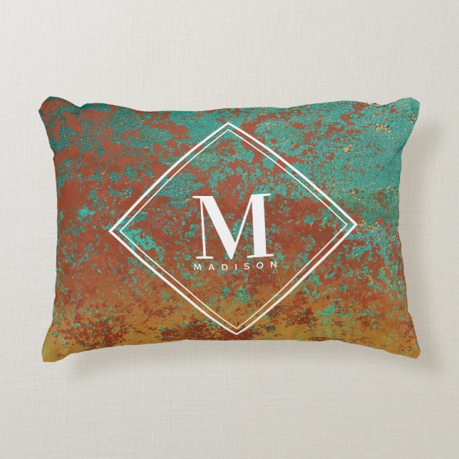 Copper Turquoise Metallic Texture Monogram Initial Accent Pillow (Front)