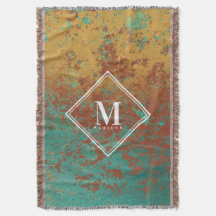 Copper Turquoise Metallic Texture Monogram Initial Throw Blanket