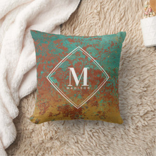 Copper Turquoise Metallic Texture Monogram Initial Throw Pillow