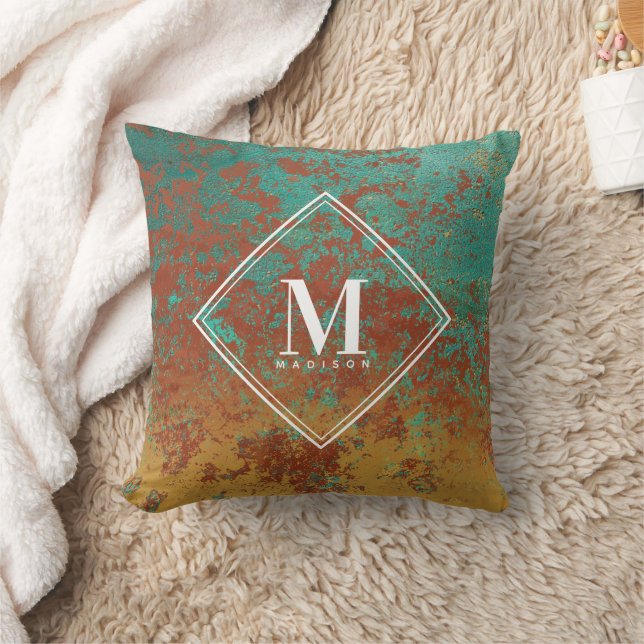 Copper Turquoise Metallic Texture Monogram Initial Throw Pillow (Blanket)