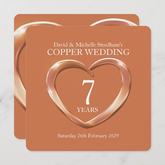 Copper wedding heart 7 years party invite (Front/Back)