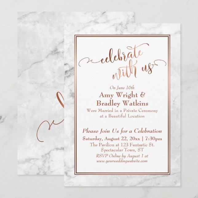 Copper White Marble Celebrate with Us Wedding Fun Invitation (Front/Back)