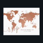 Copper World Map Travel Destination RSVP Postcard<br><div class="desc">Copper World Map Travel Theme Destination Wedding POSTCARD rsvp WITHOUT ENVELOPES have a masculine vintage look featuring modern typography in antique sienna brown, a perfect enclosure card for a destination wedding or travel theme party invitation with a moveable and removable heart location. The back features space for optional meal selections...</div>