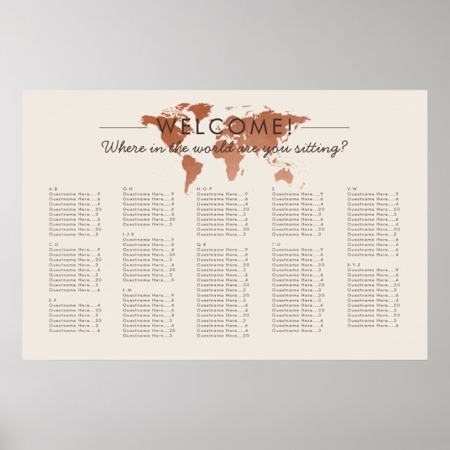 Copper World Map Travel Theme Seating Chart (Front)