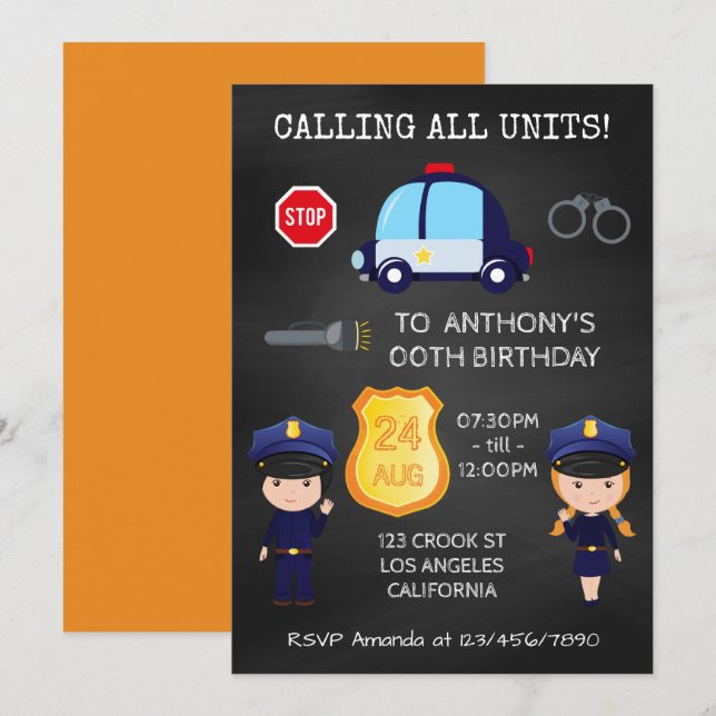 Cops and Robbers Birthday Chalkboard Invitation (Front/Back)