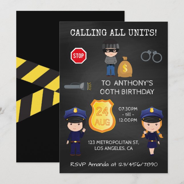 Cops and Robbers Birthday Chalkboard Invitation (Front/Back)