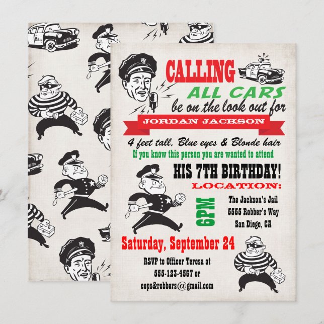 Cops and Robbers Birthday Party Invitation (Front/Back)