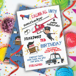 Cops and Robbers Birthday Party Invitation<br><div class="desc">Super cute Cops and Robbers birthday party invitation with fun funky fonts. Features a police man hanging like a superhero from a helicopter, holding a donut, a robber or escaped inmate with a bag of cash, handcuffs, megaphone and police car. Hand drawn illustration by McBooboos Please contact me if you're...</div>