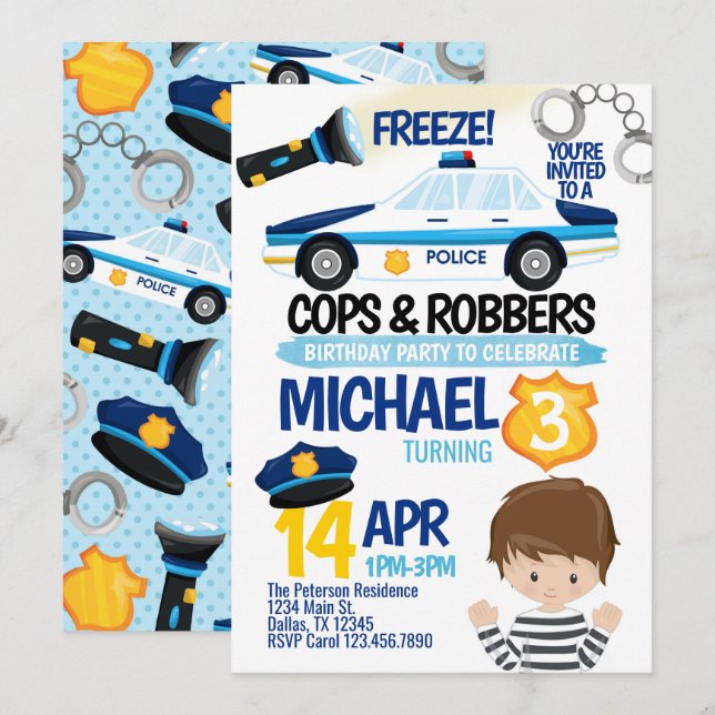 Cops and Robbers Birthday Party Invitation Invite (Front/Back)