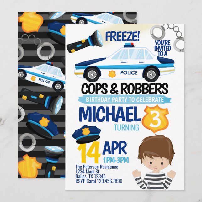 Cops and Robbers Birthday Party Invitation Invite (Front/Back)