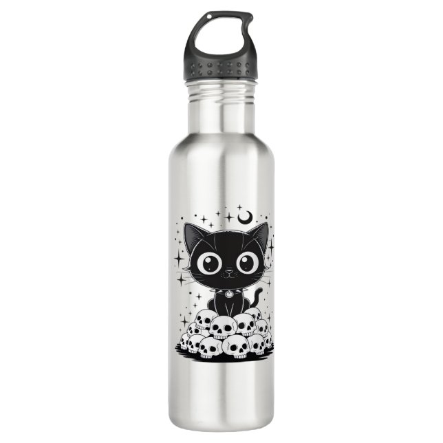 Copy of Cat Skulls Creepy Cute Kitty Goth Black Al 710 Ml Water Bottle (Front)