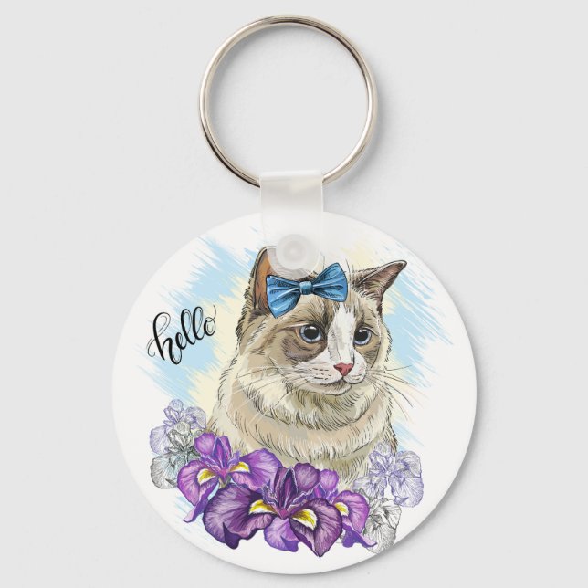 Copy of Hand drawing funny Cute cat with flowers Keychain (Front)