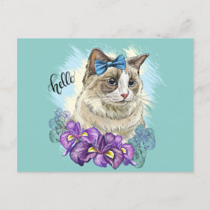 Copy of Hand drawing funny Cute cat with flowers Postcard