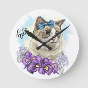 Copy of Hand drawing funny Cute cat with flowers Round Clock