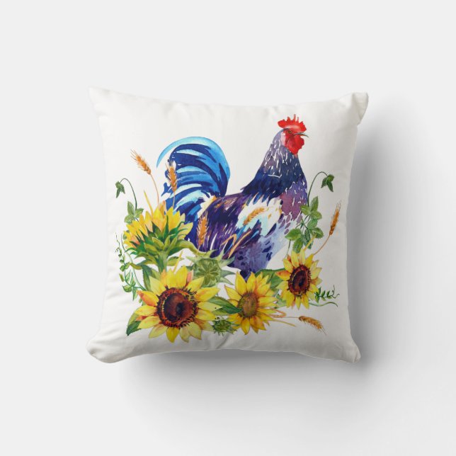 Coq avec Tournesol Aquarelle Art Jeter Oreiller (Recto)