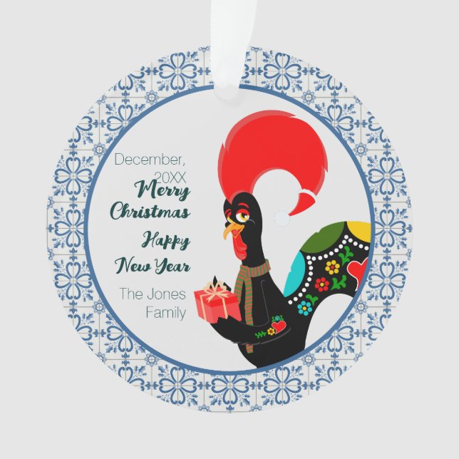 Coq portugais de Noël et cadre de carreaux bleus (devant)
