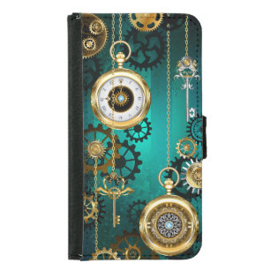 Coque Avec Portefeuille Pour Galaxy S5 Veille bijoux Steampunk sur un Arrière - plan vert