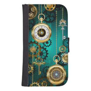 Coque Avec Portefeuille Pour Galaxy S4 Veille bijoux Steampunk sur un Arrière - plan vert