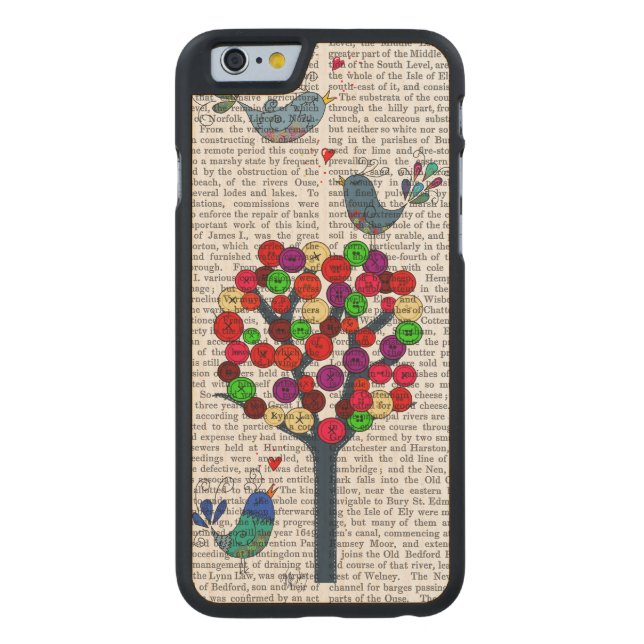 Coque Carved En Bois Pour iPhone Bouton Arbre et oiseaux Bleu (Dos)