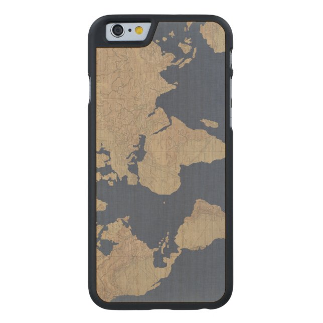 Coque Carved En Bois Pour iPhone Carte Gold et Blue World (Dos)