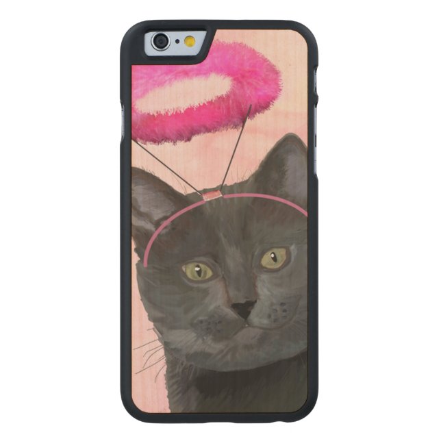 Coque Carved En Bois Pour iPhone Chat Noir Avec Halo Angel Rose (Dos)