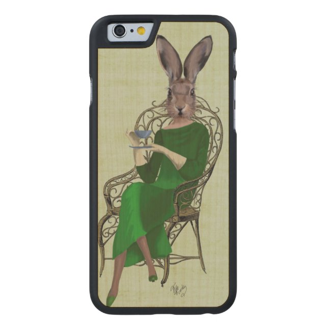 Coque Carved En Bois Pour iPhone Lady Bella Rabbit Prendre du thé 3 (Dos)
