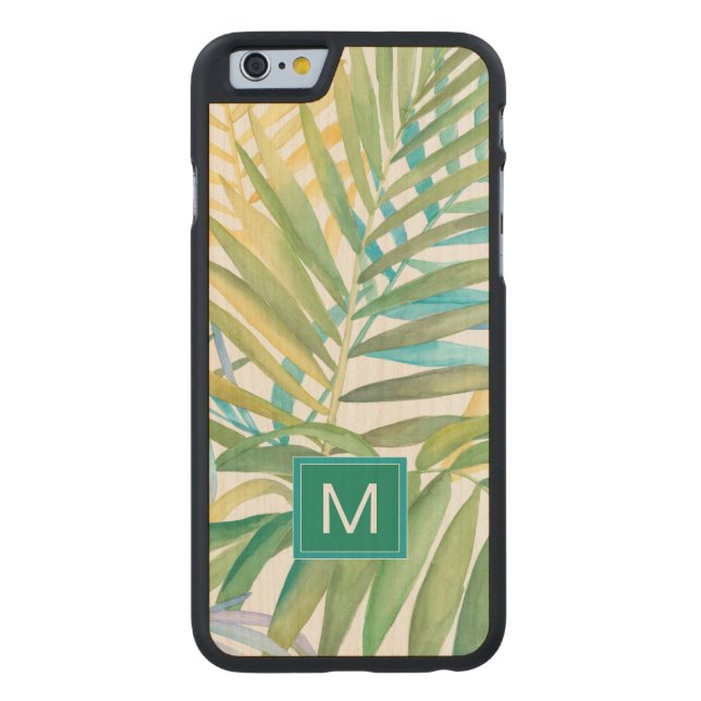 Coque Carved En Bois Pour iPhone Monogramme| Feuilles de palmiers tropicaux (Dos)