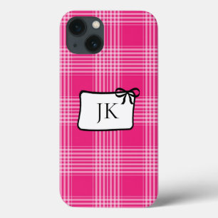 Coque de cellule monogramme rose et noire à flanel