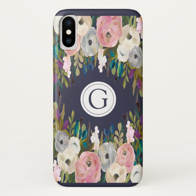 Coque initial personnalisé Iphone X Floral Navy (Dos)