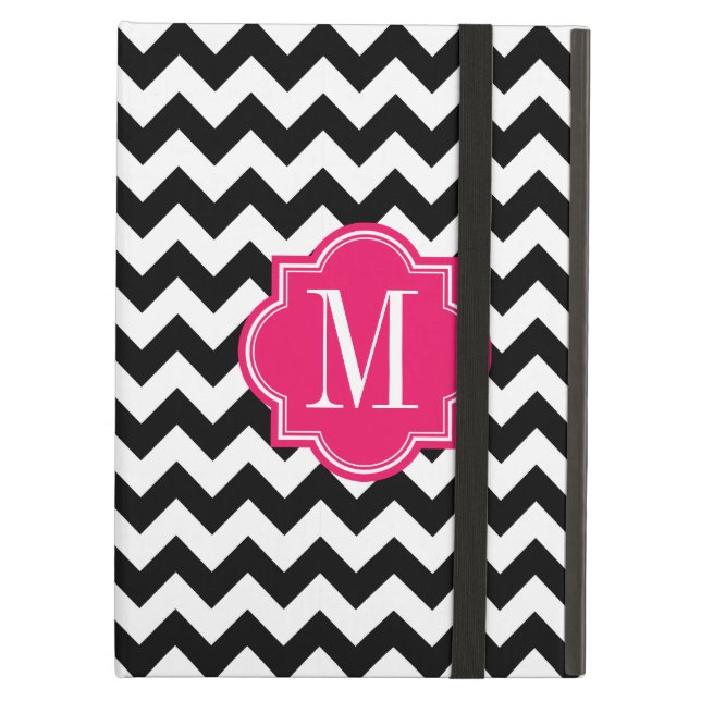 Coque iPad Air Chevron noir et blanc avec le monogramme de roses (Devant fermé)