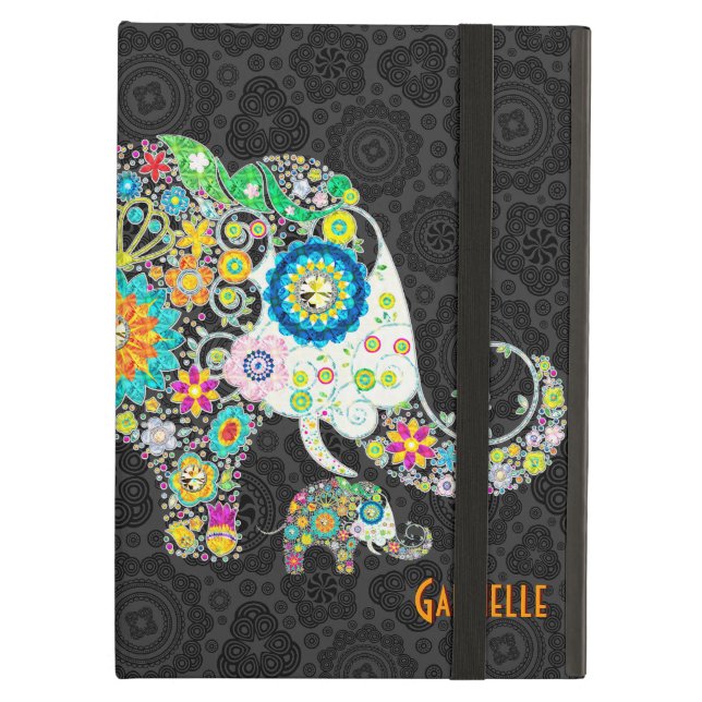 Coque iPad Air Illustration colorée de l'éléphant floral rétro (Devant fermé)