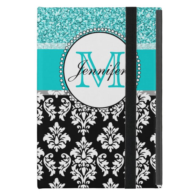 Coque iPad Mini Girly, turquoise, damassé noire de parties (Devant fermé)