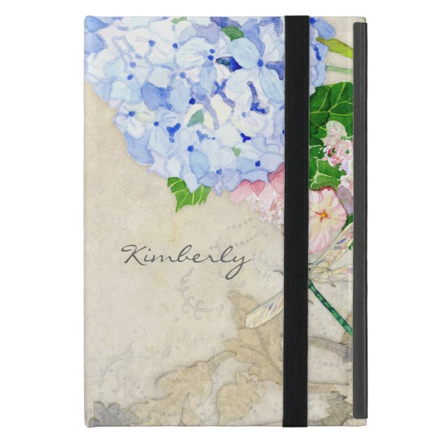 Coque iPad Mini Jardin anglais, bleu et rose Hydrangeas aquarelle (Devant fermé)