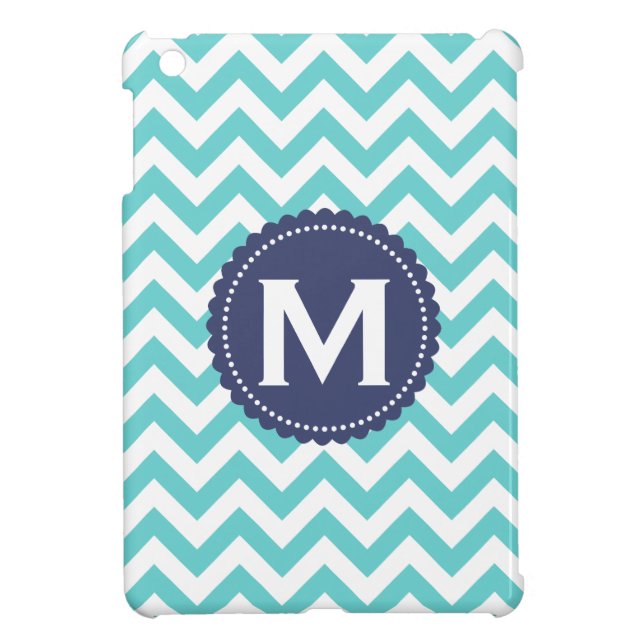 Coque iPad Mini Motif blanc bleu de Chevron de monogramme (Dos)