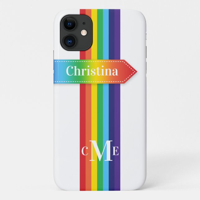 Coque iPhone 11 | Arc-en-ciel rayé avec Monogramme (Dos)