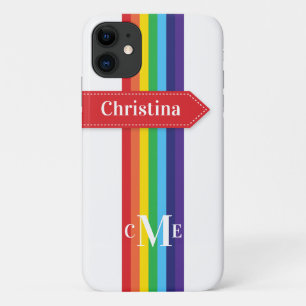 Coque iPhone 11   Arc-en-ciel rayé avec Monogramme