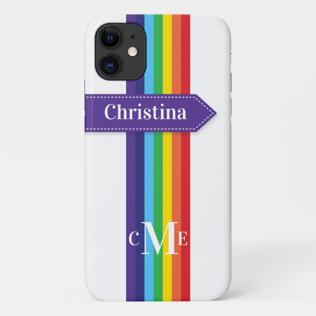 Coque iPhone 11 | Arc-en-ciel rayé avec Monogramme (Dos)
