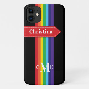 Coque iPhone 11   Arc-en-ciel rayé avec Monogramme