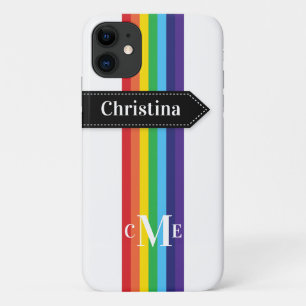 Coque iPhone 11   Arc-en-ciel rayé avec Monogramme