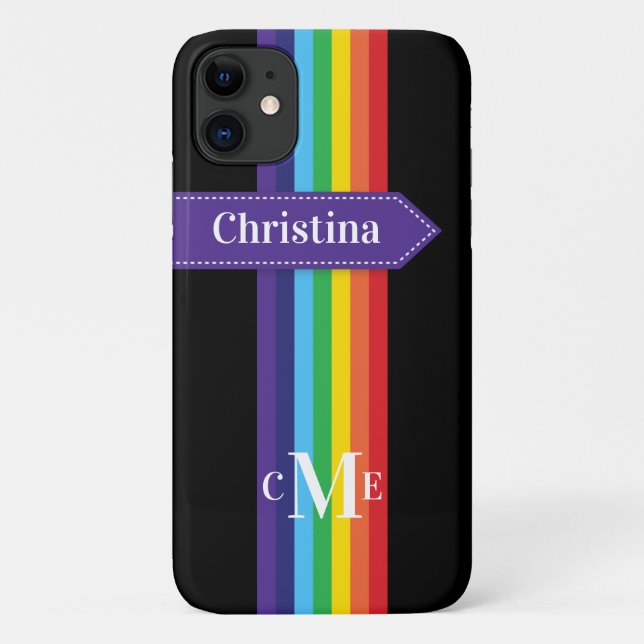 Coque iPhone 11 | Arc-en-ciel rayé avec Monogramme (Dos)
