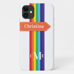 Coque iPhone 11   Arc-en-ciel rayé avec Monogramme
