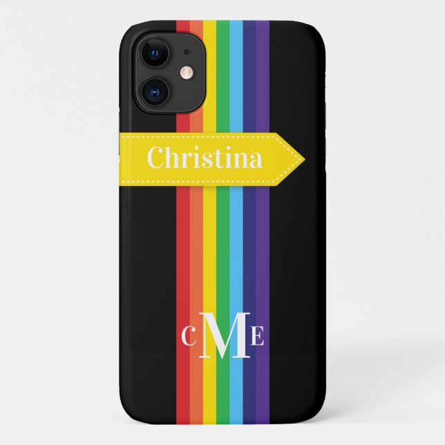 Coque iPhone 11 | Arc-en-ciel rayé avec Monogramme (Dos)
