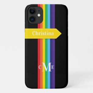 Coque iPhone 11  Arc-en-ciel strié avec monogramme